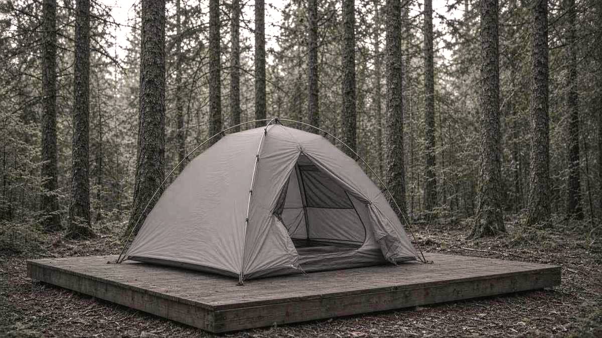A freestanding two-person double-wall dome tent pitched on a wooden tent platform in a dark conifer forest