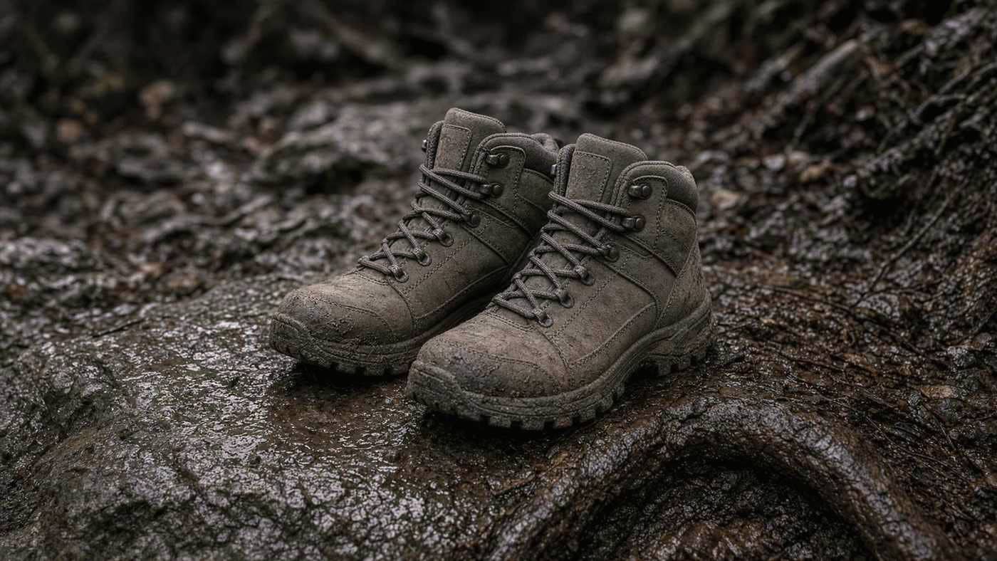 A pair of mid hiking boots with a roomy toe box on wet rock and roots on a muddy trail