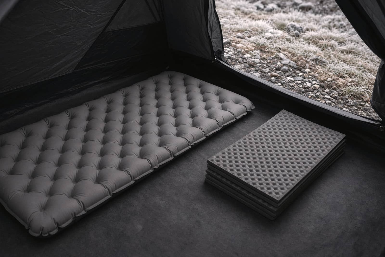 An inflated air sleeping pad beside a folded closed-cell foam pad on a tent floor, frosty ground visible at the door,