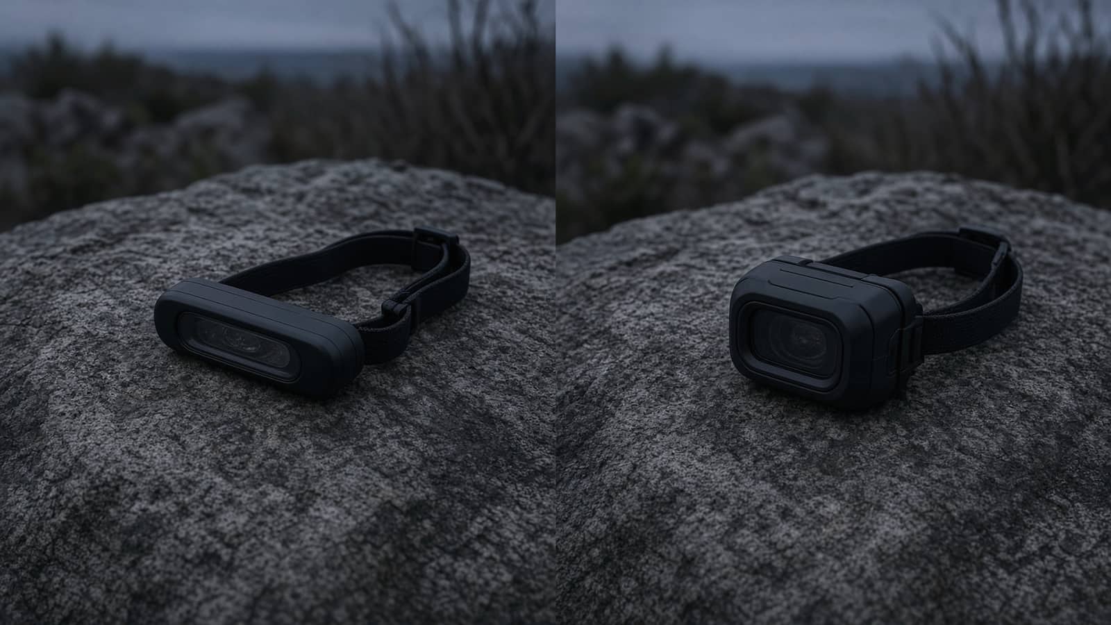 A slim rechargeable headlamp on a rock beside a chunkier rechargeable headlamp on a rock, blue-hour camp