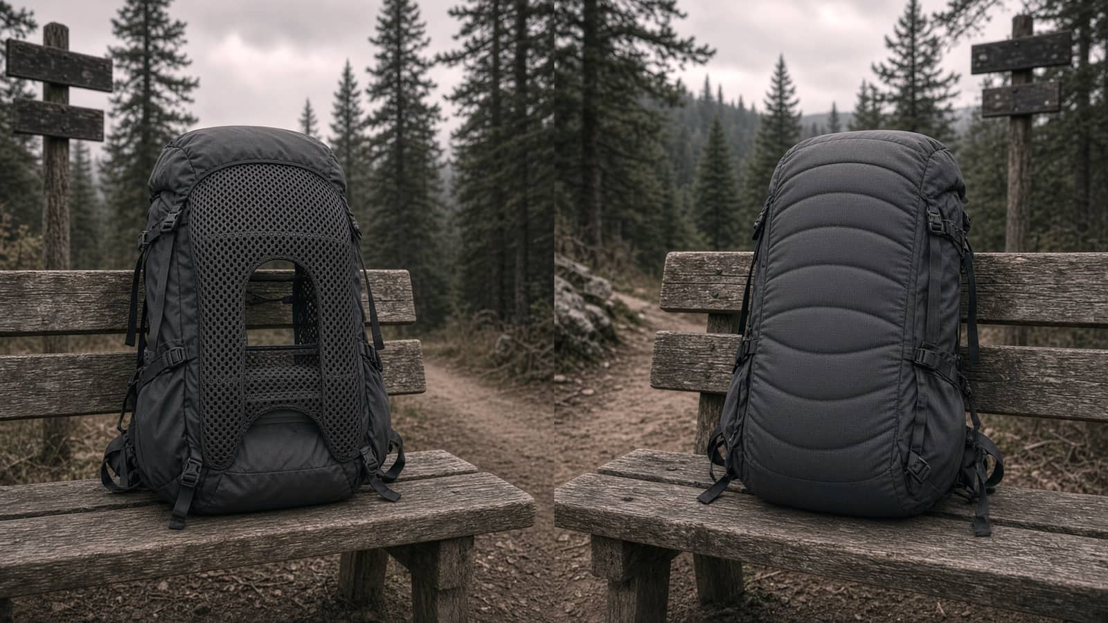 A pack with a ventilated suspended mesh back beside a pack with a padded supportive back panel, trailhead bench