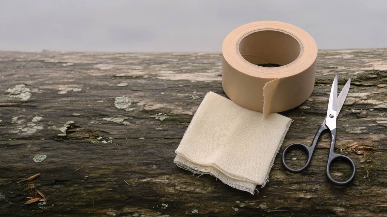 Tape, gauze, and scissors on a weathered log in the right half, darker wood on the left