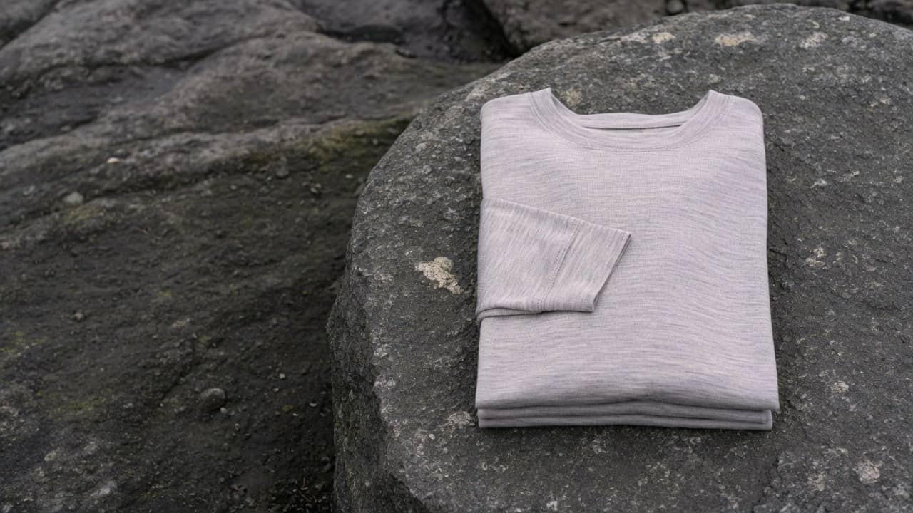 A folded heather merino shirt on a flat rock in the right half, darker stone on the left