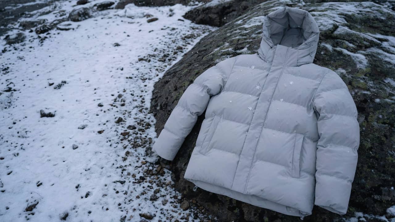 A light grey baffled jacket with a little snow on a rock in the right half, darker snow on the left