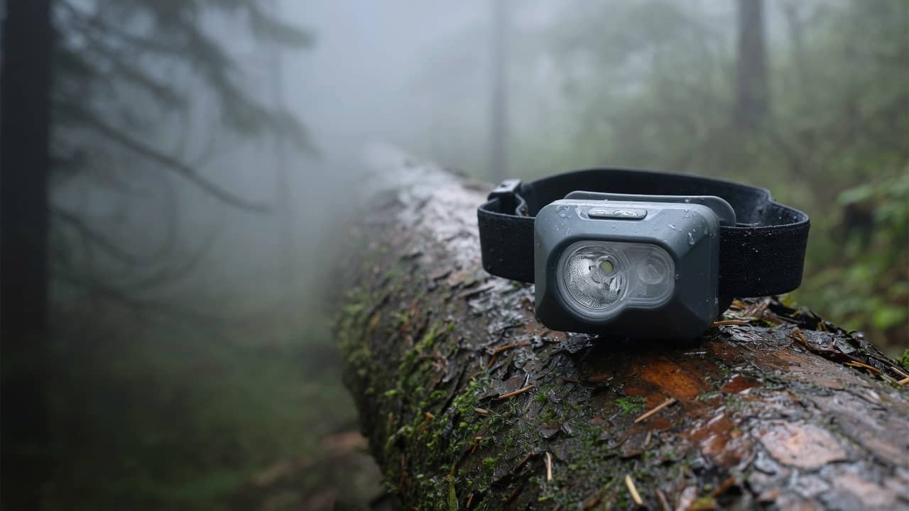 A plain headlamp on a damp log in the right half, beam in the mist, darker forest on the left