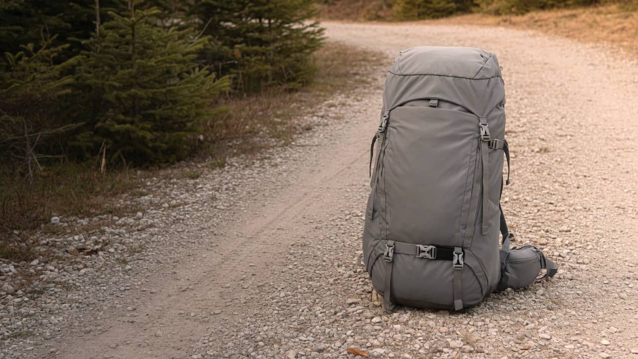 A plain grey hiking backpack standing on the right side of a gravel trailhead, darker trees on the left