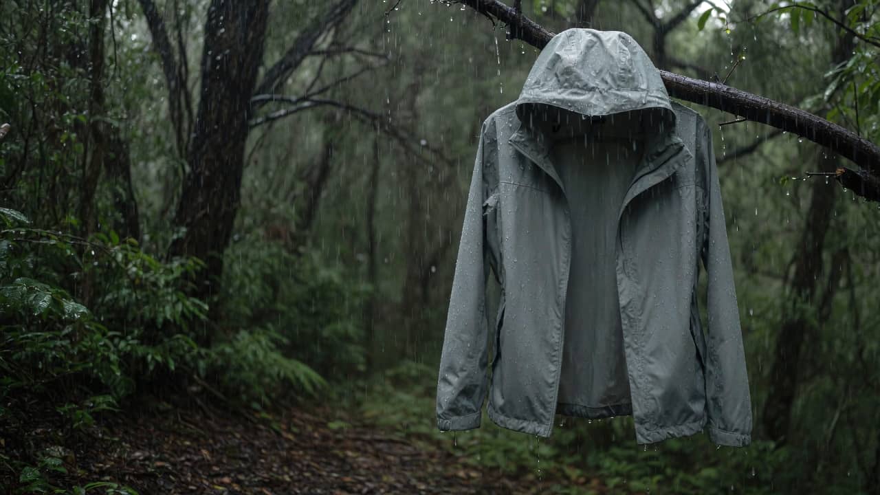 A matte grey rain shell hanging in the rain in the right half of a wet forest, darker trees on the left