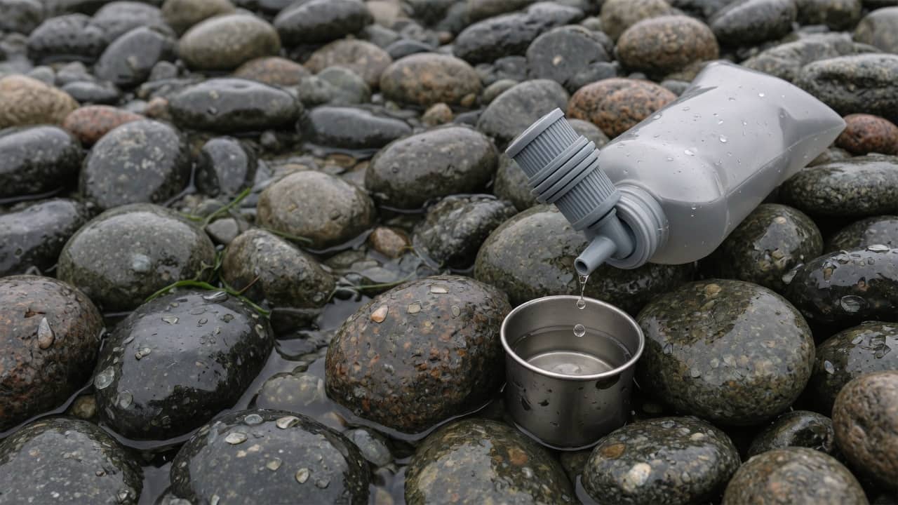 A squeeze filter on a soft flask dripping into a metal cup in the right half, darker creek stones on the left