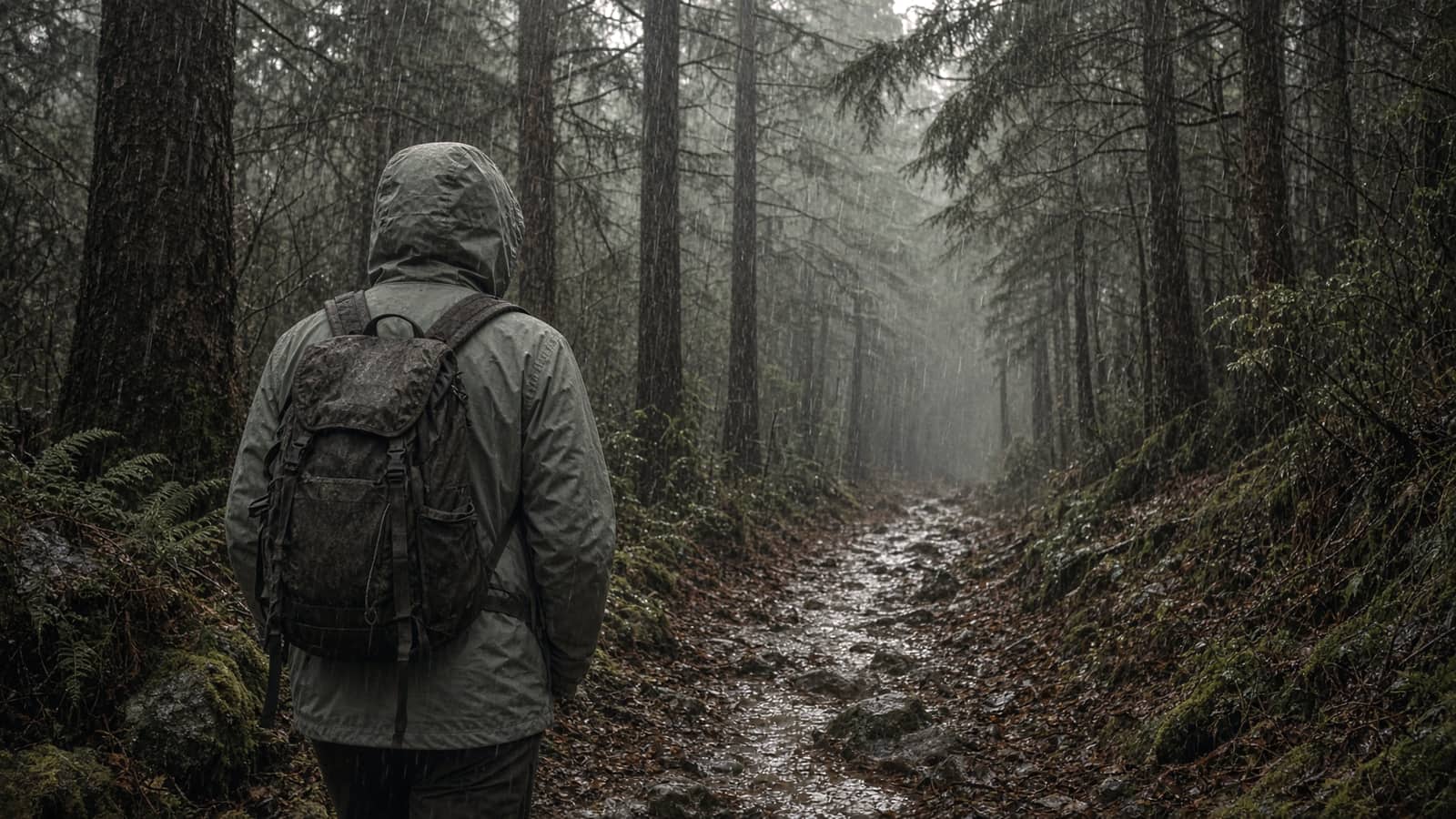 A hiker from behind on a ridge in drizzle wearing a shell over a fleece, hood up