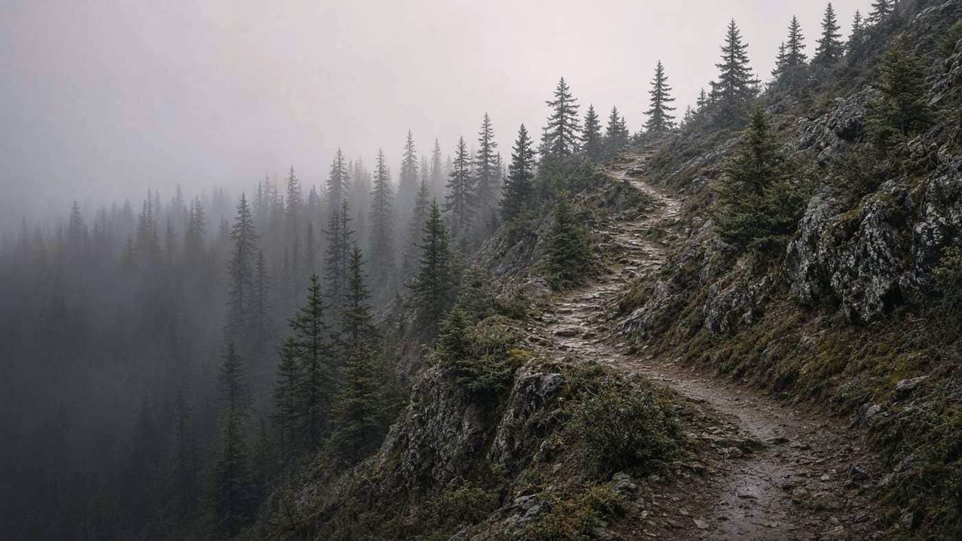 Overcast forest switchbacks and damp rock, with no gear logos
