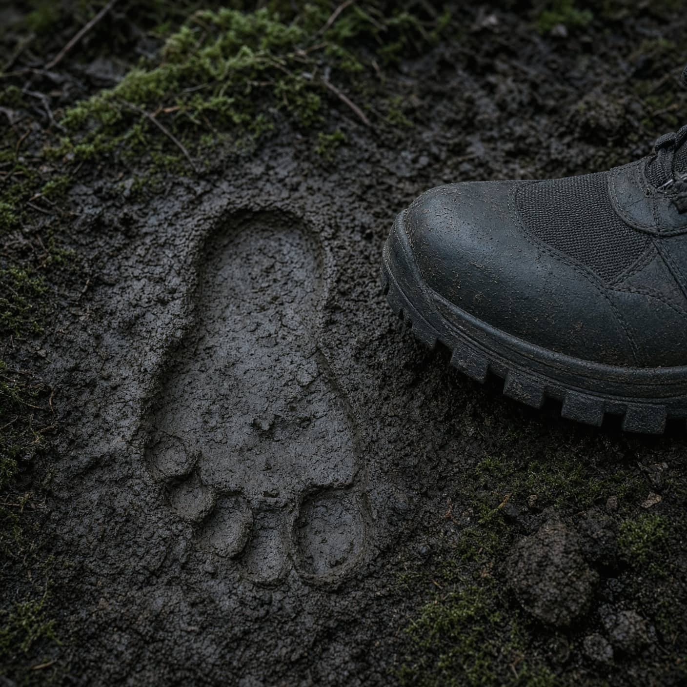 A broad bare footprint in mud beside a wide-toe boot